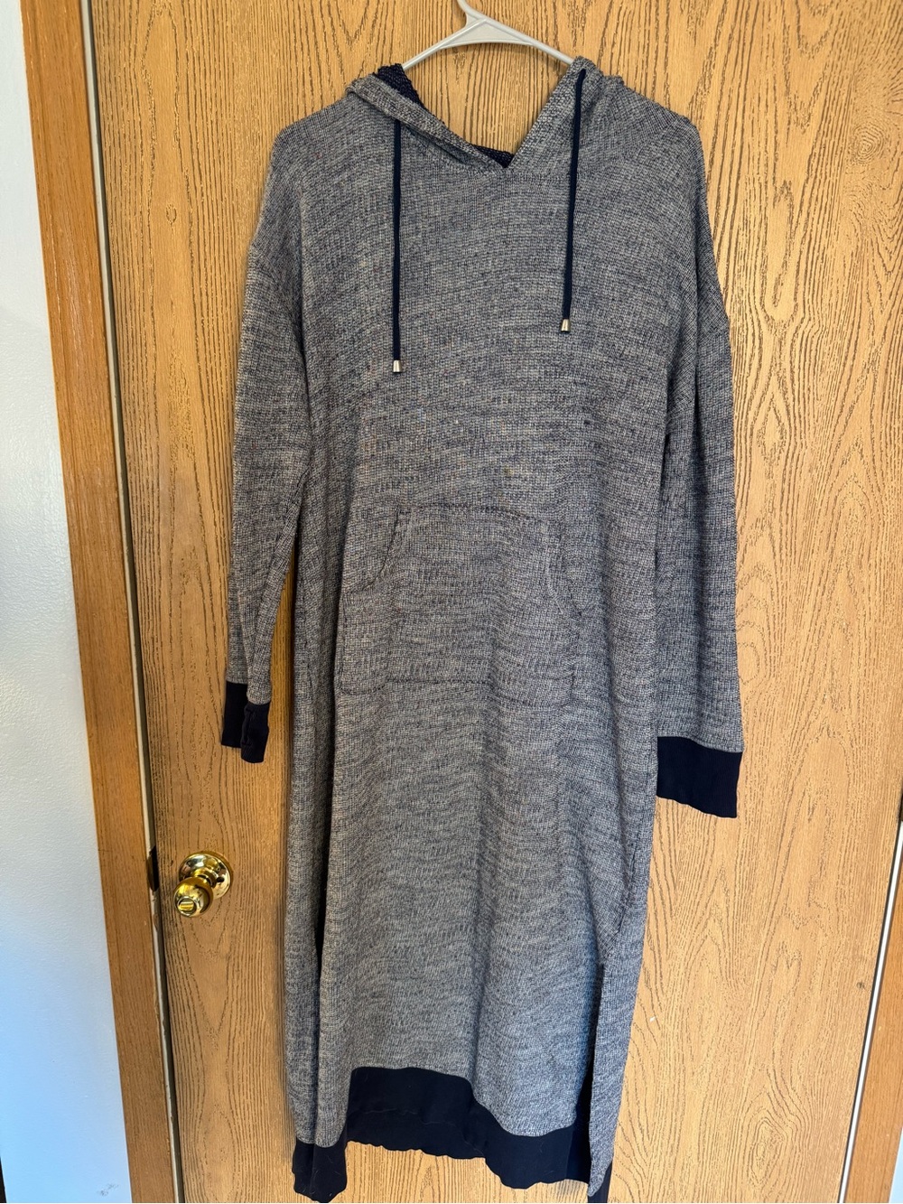 Soft Surroundings Gray Hooded Knit Sweater dress with Navy Trim
